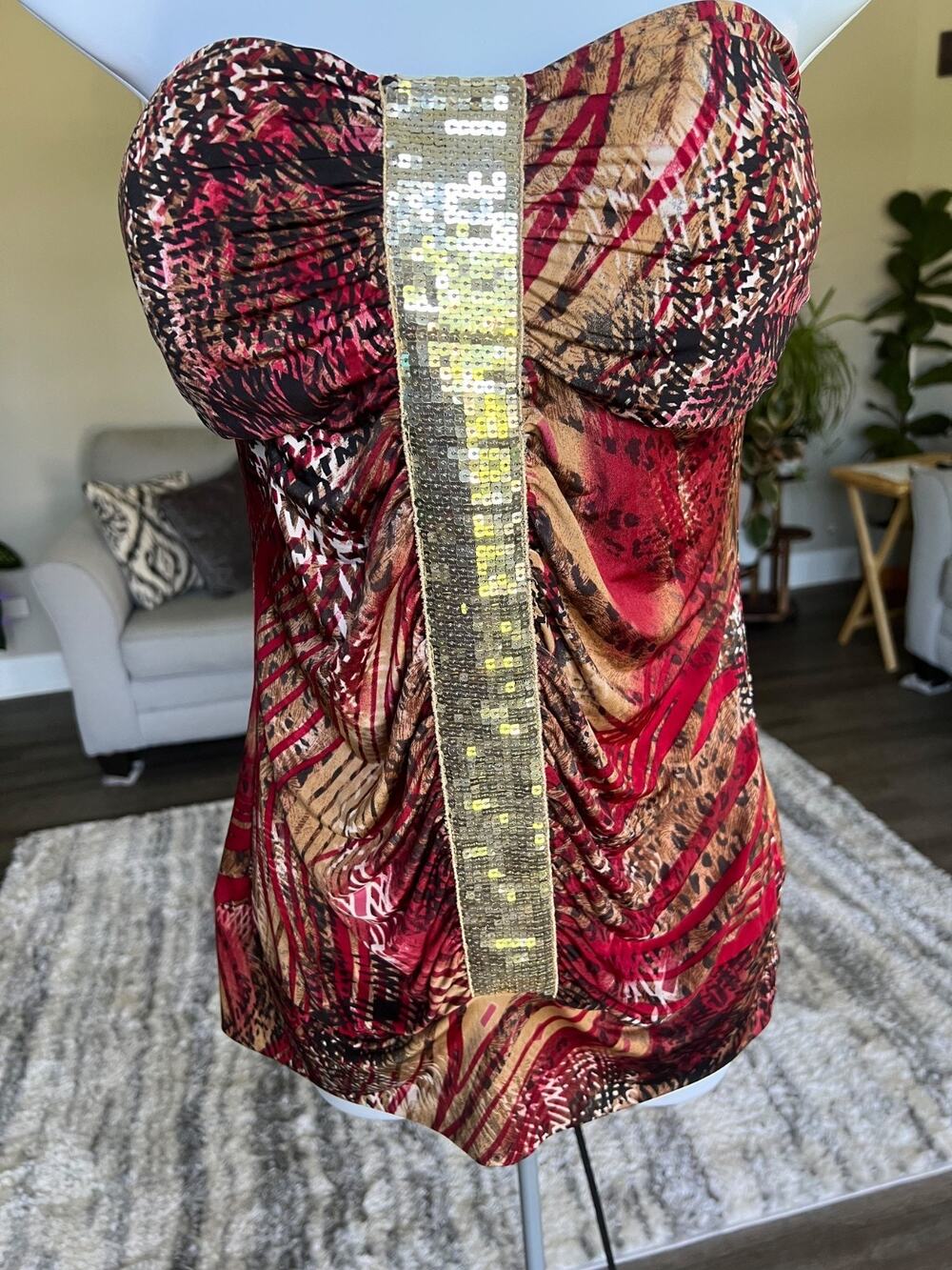 dots Strapless Silk Sequin Ruched Mini Dress Red Size Large #681